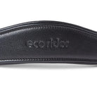Close-up of the debossed EcoRider brand name on a black padded leather anatomical headpiece, showing detailed stitching.