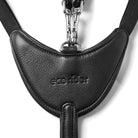 Close-up of the debossed EcoRider logo on the padded chest plate and stainless steel clips of the black Tara Breastplate.