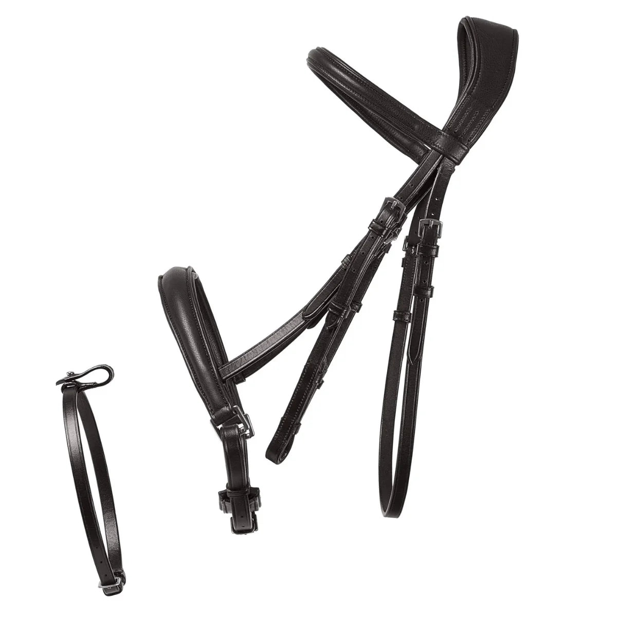 Brown EcoRider anatomic leather bridle separate set showing the detachable flash strap and padded cavesson noseband.