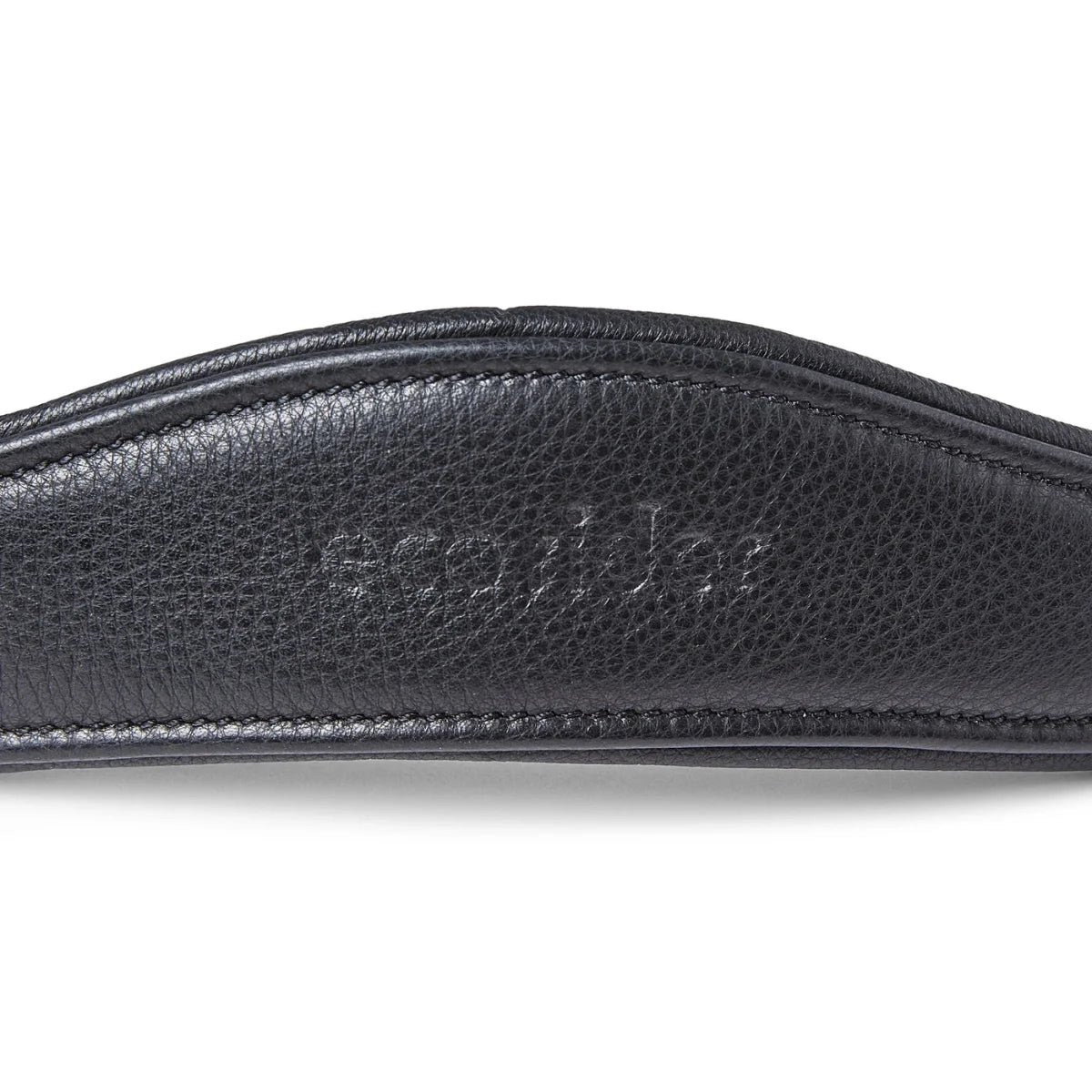 Close-up of the debossed EcoRider brand name on a black padded leather anatomical headpiece, showing detailed stitching.