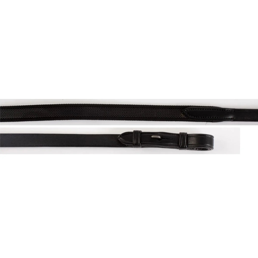 EcoRider Supergrip Reins featuring a black woven rubber and webbing grip with black leather hook stud ends.