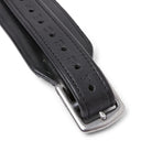 Close-up of the stainless steel buckle and numbered holes on the Black EcoRider Balance Stirrup Leathers.