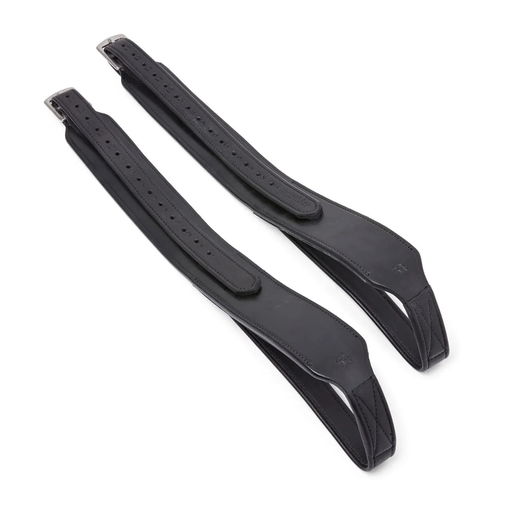 Black EcoRider Balance Stirrup Leathers, size 54, featuring a wide-body flat leather design and secure silver buckles.