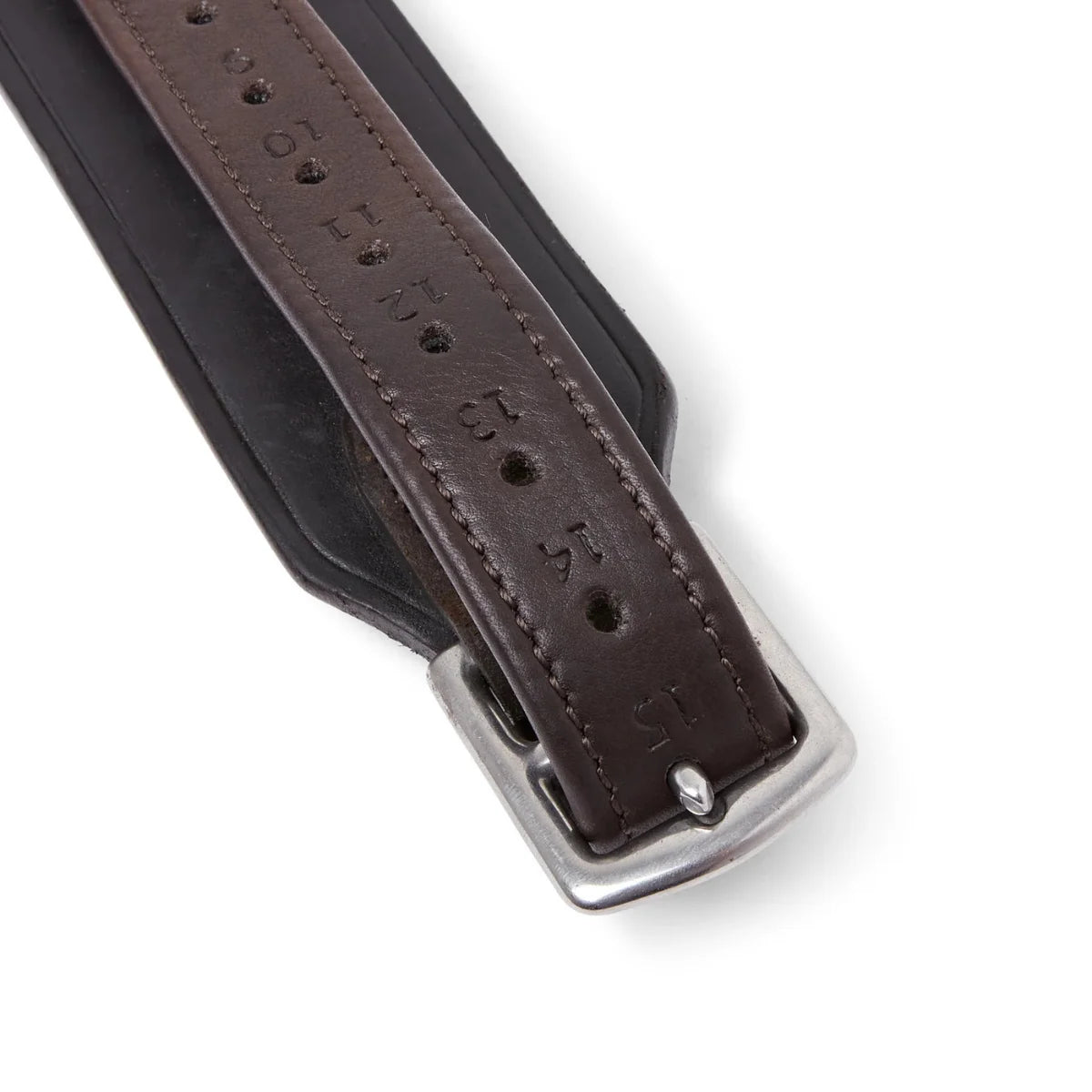 Close-up of the stainless steel buckle and numbered holes on the Brown EcoRider Balance Stirrup Leathers.