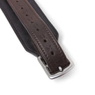 Close-up of the stainless steel buckle and numbered holes on the Brown EcoRider Balance Stirrup Leathers.