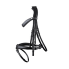 Black EcoRider anatomic leather bridle featuring an ergonomic padded headpiece, curved browband, and padded noseband with flash attachment.