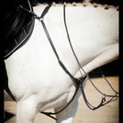 Close-up of a grey horse tacked up under saddle wearing a black EcoRider anatomical leather breastplate and running martingale.