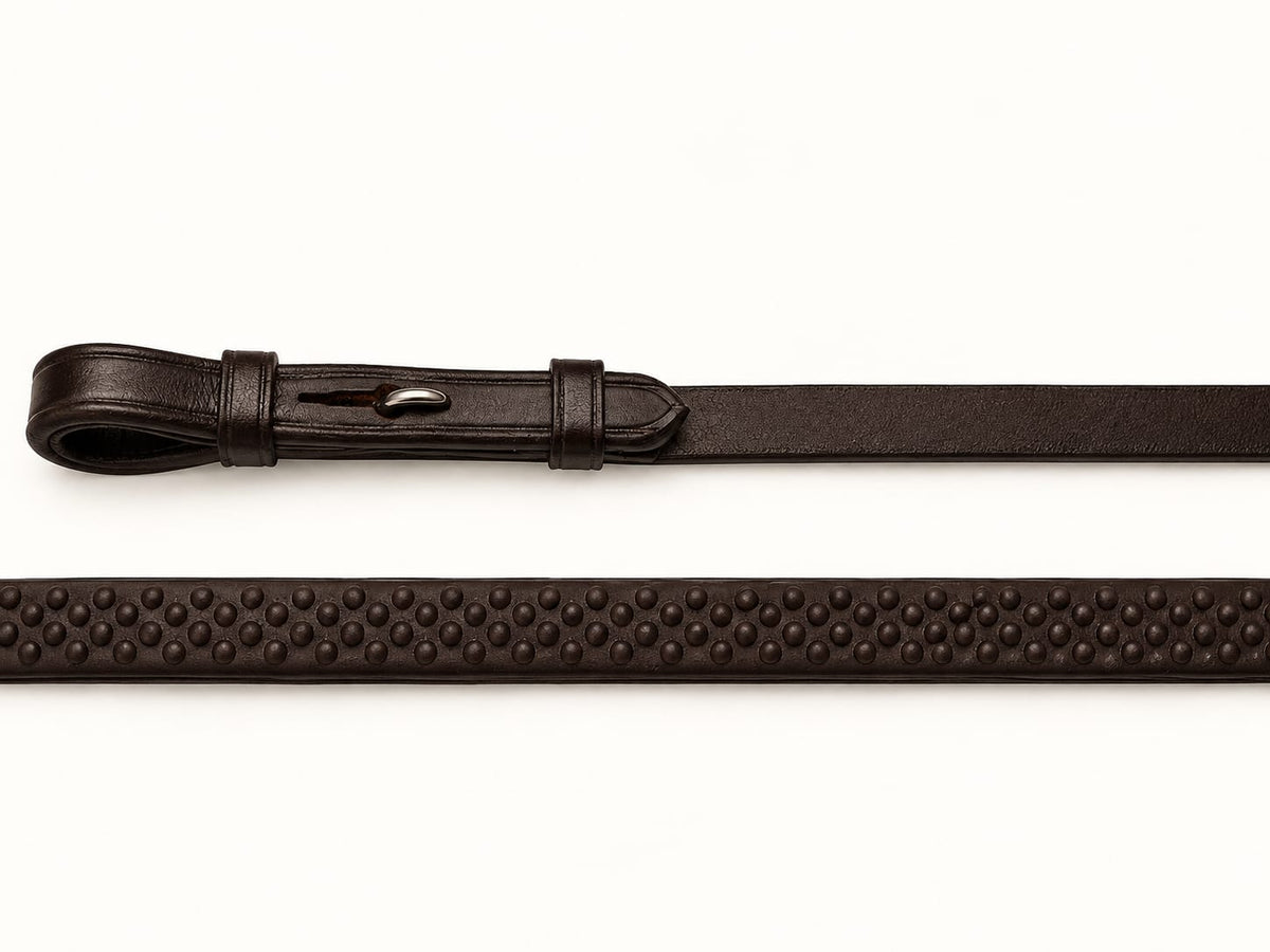 Ultra Comfort Brown EcoRider Flexi Fine Reins featuring a brown rubber pimple grip and supple leather hook stud ends.