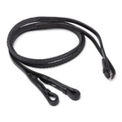Black EcoRider Pro Solid Reins coiled, featuring a high-traction chevron rubber pimple grip and hook stud leather billets.