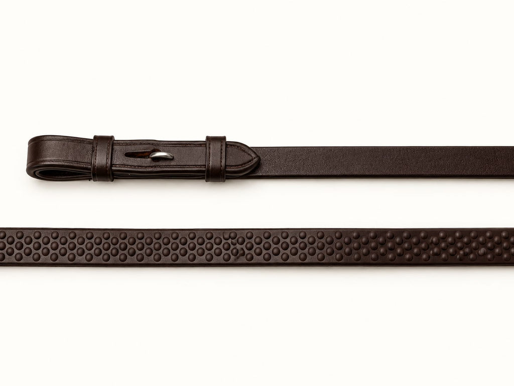 Coiled Brown EcoRider Ultra Comfort Flexi Reins featuring a low-profile pimple rubber grip and supple leather hook stud ends.