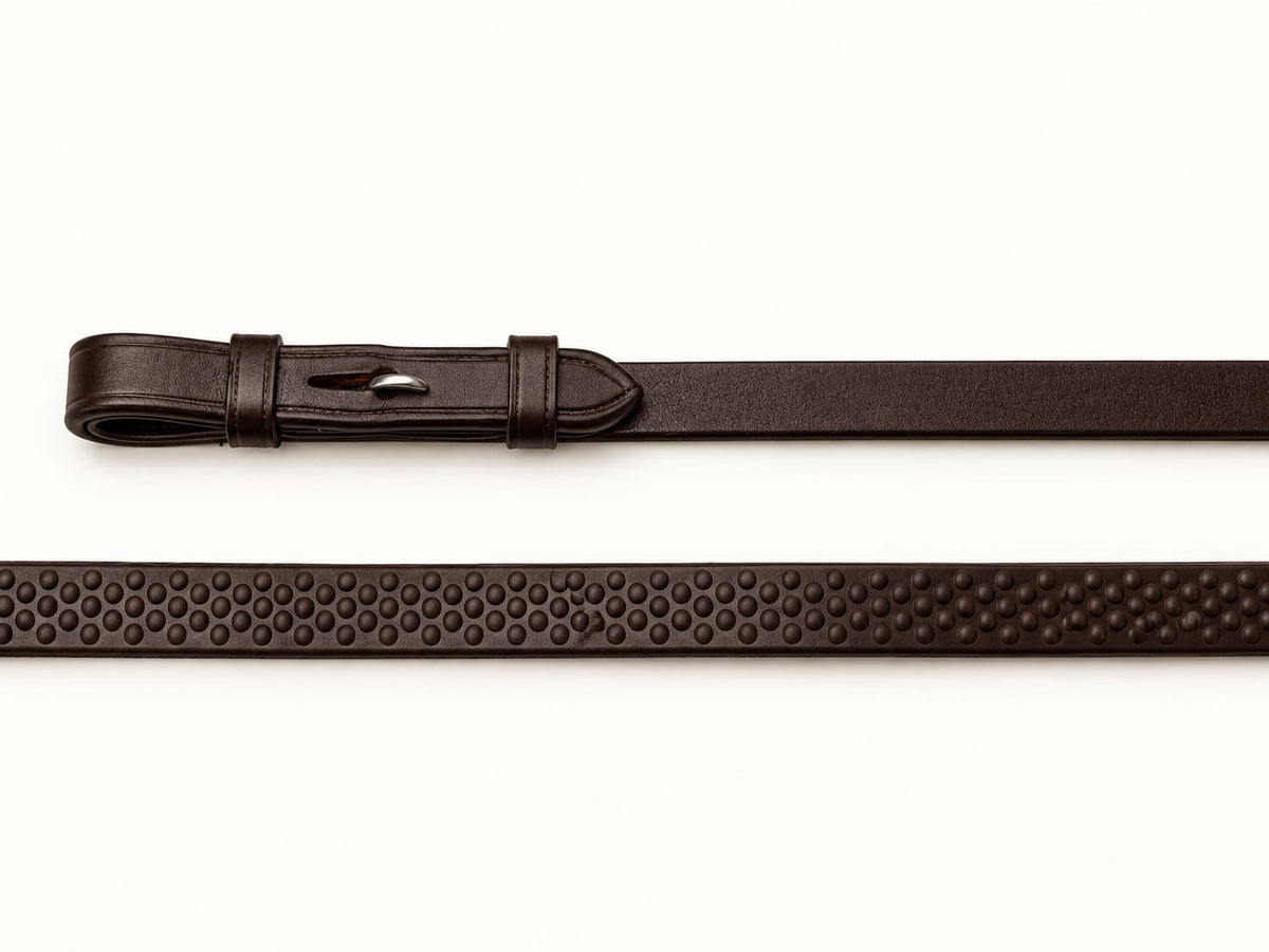 Coiled Brown EcoRider Ultra Comfort Flexi Reins featuring a low-profile pimple rubber grip and supple leather hook stud ends.