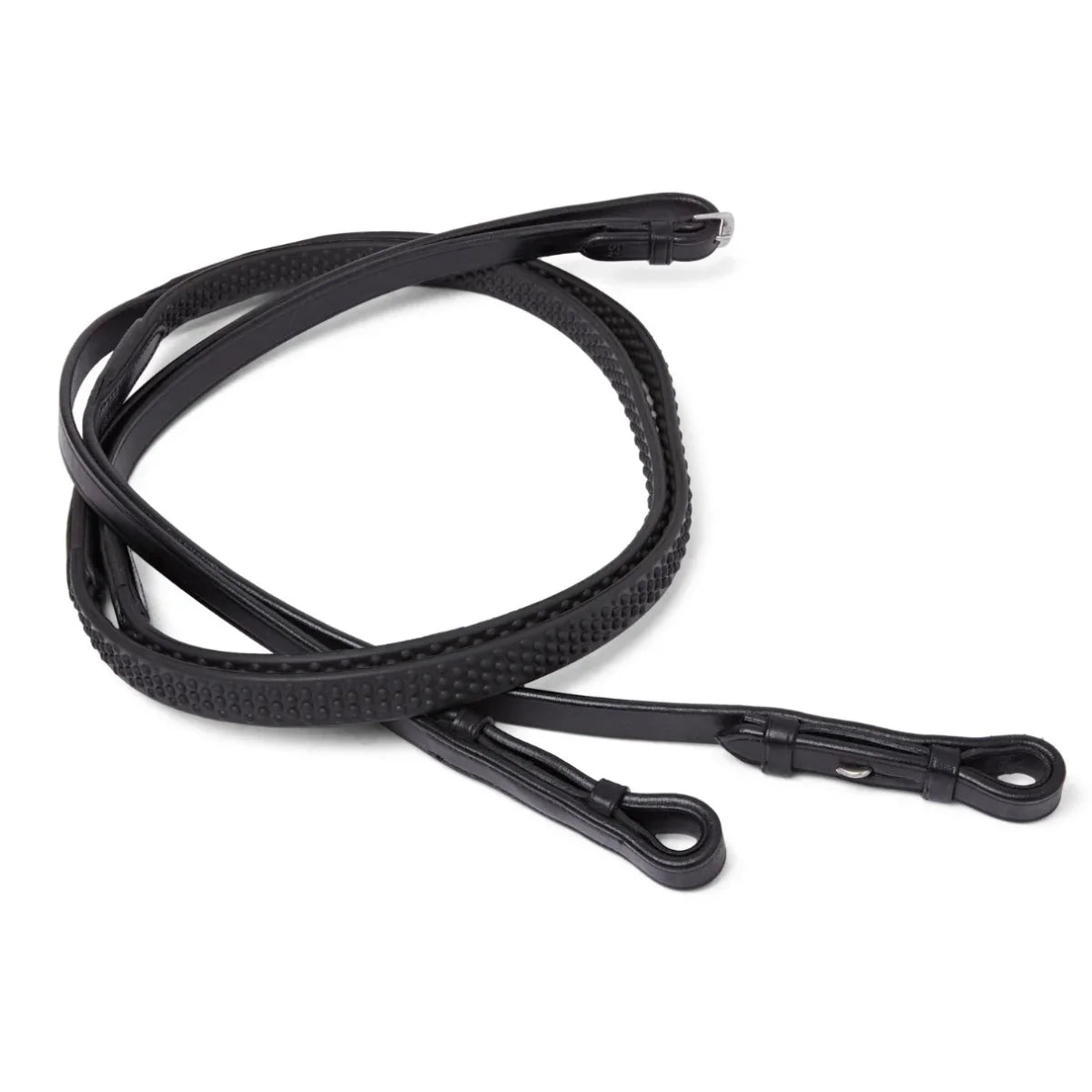 Coiled Black EcoRider Ultra Comfort Flexi Reins featuring a low-profile pimple rubber grip and supple leather hook stud ends.