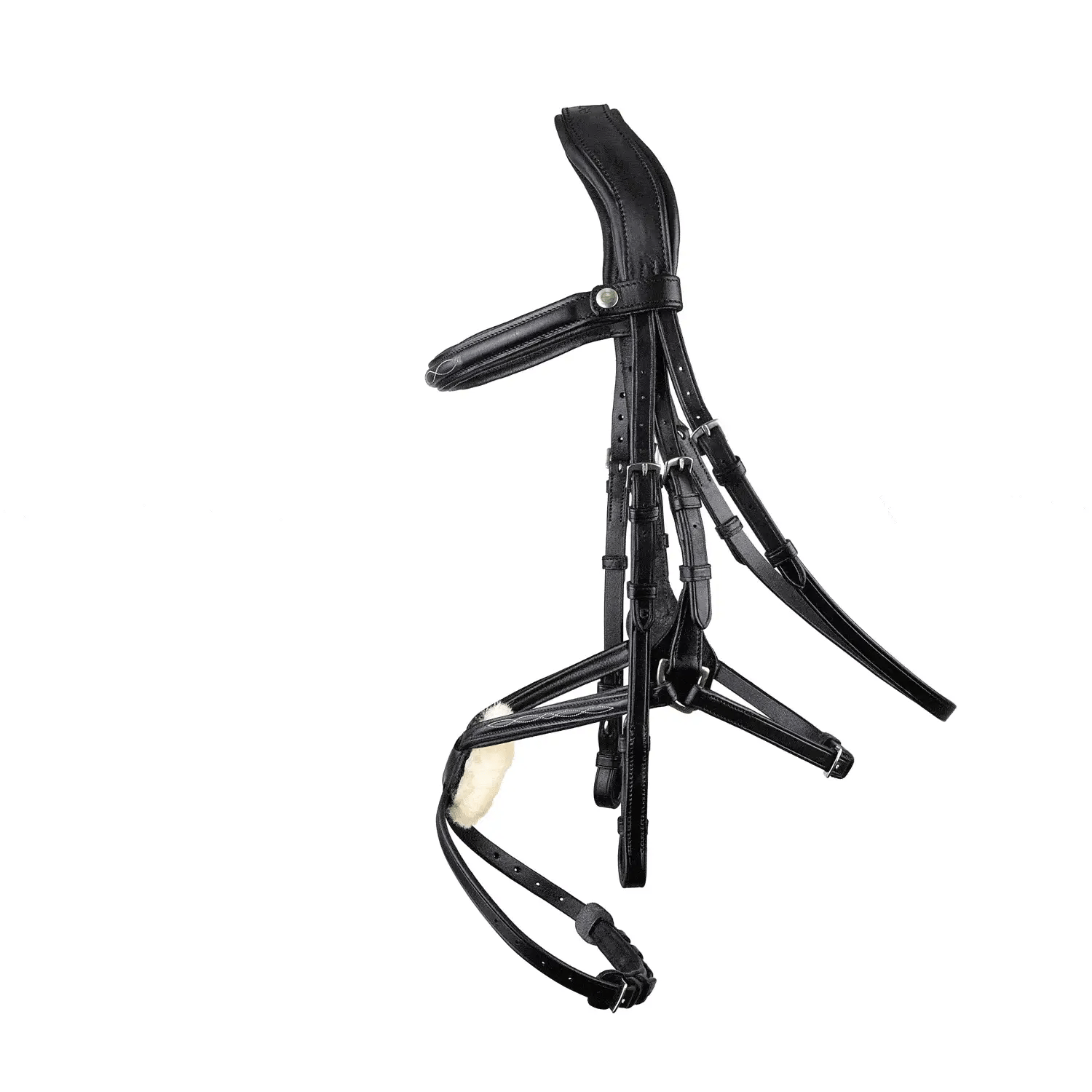Black EcoRider anatomical grackle bridle with decorative fancy stitching, padded headpiece, and grackle noseband with sheepskin pad.