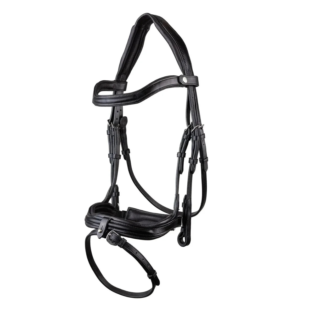 Black EcoRider SeamFree Anatomic Leather Bridle featuring a padded headpiece, curved browband, and padded noseband with a removable flash.