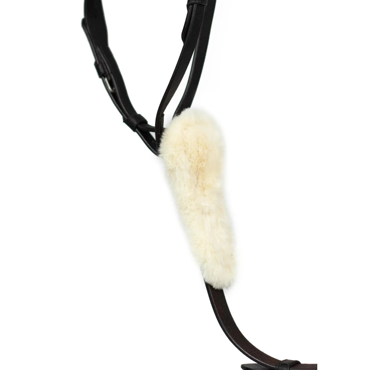 Close-up of the genuine sheepskin crossover pad on the Black EcoRider Perfect Fit Grackle Noseband separate.