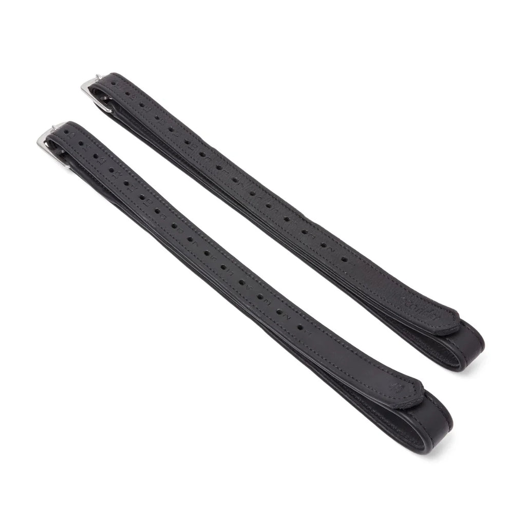 Black EcoRider EcoSoft Stirrup Leathers, size 48", featuring a debossed brand logo, size stamp, and silver buckles.