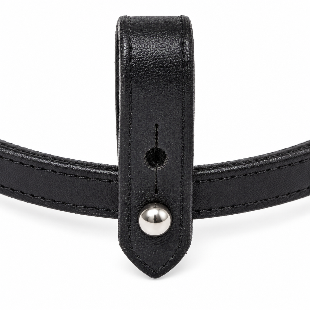 Close-up illustration of the black EcoRider Perfect Fit Flash Strap's central tab and metal stud.